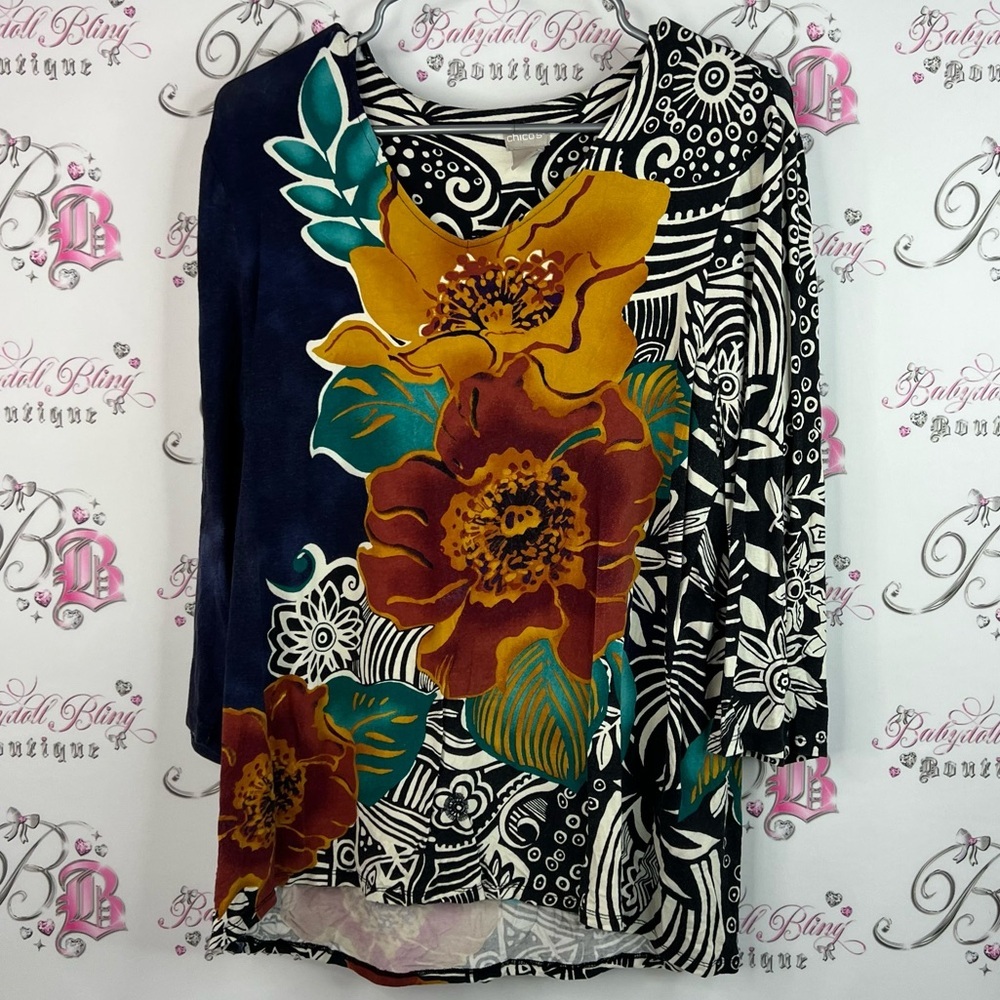 Chico's long sleeve flowers art abstract Multicolor Floral and Abstract Blouse